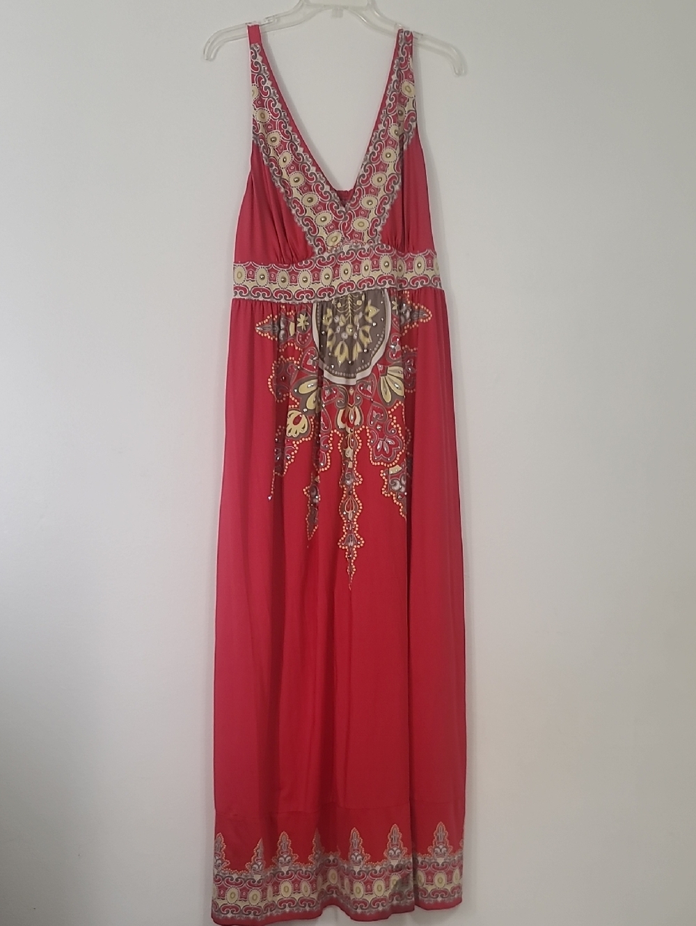 Bright Pink Embellished V-Neck Maxi Dress